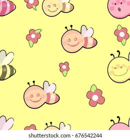 Pattern bee family with flowers on the yellow background. Decor. Seamless texture. Vector illustration.