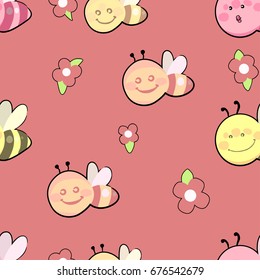Pattern bee family with flowers on the pink background. Decor. Seamless texture. Vector illustration.