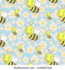 Pattern with bee and white camomiles on a blue background