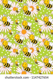 Pattern with bee and white camomiles on a green background