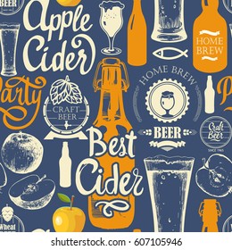 Pattern with beer, cider and apple in sketch style. Seamless background for Pub menu. Vector illustration: labels, bottle, glass brush calligraphy elements. Handwritten ink lettering.