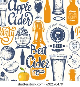 Pattern with beer, cider and apple in sketch style. Seamless background for Pub menu. Vector illustration: labels, bottle, glass brush calligraphy elements. Handwritten ink lettering.