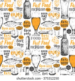 Pattern With Beer, Cider And Snack In Sketch Style. Seamless Background With For Pub Menu. Vector Illustration With Labels.