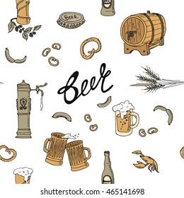 Pattern with beer elements. Vector illustration in sketch style. Hand drawn design elements.