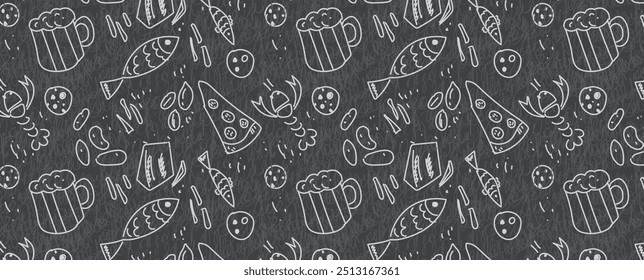 Pattern with beer, fish, crayfish, pizza and chips, hand drawn in white on a dark background. Vector seamless background. For restaurants, shops, bars