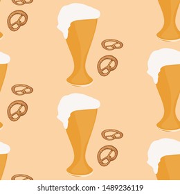 Pattern - Beer with foam in a glass, pretzel - pattern - light background -vector. Oktoberfest.