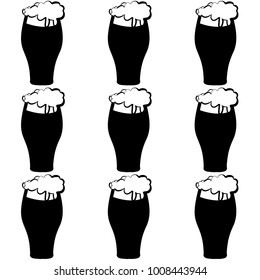 Pattern of beer glasses with black, dark, tasty, intoxicating, craft beer, lager, thick, thick foam draining along the edges on a white background. Seamless vector illustration.