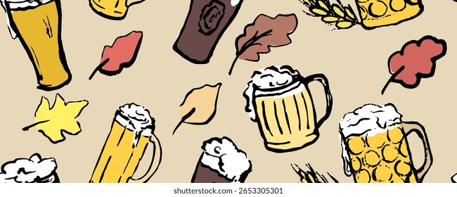 Pattern with beer glasses, leaves. Vintage, retro style. German festival.Vector, isolated, hand drawn with brush and ink texture. 