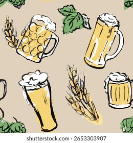 Pattern with beer glasses and more elements. Vintage, retro style. Leaves, barrel, pretzel, sausage, hat, bread , German icons.Vector, isolated with texture. Hand draw doodles.