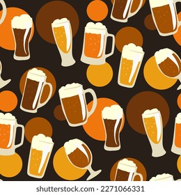 A pattern of beer glasses, mugs with beer varieties. Graphics on a dark background. Vintage vector illustration for poster printing, party invitations. Glass mugs with beer poured into them. Circles