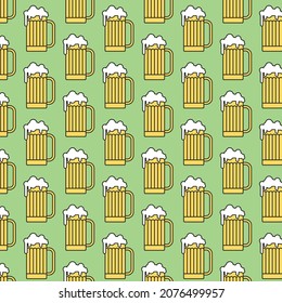 Pattern of beer mugs with foam on a green background. Can be used as a background. The concept of alcoholic beverages.