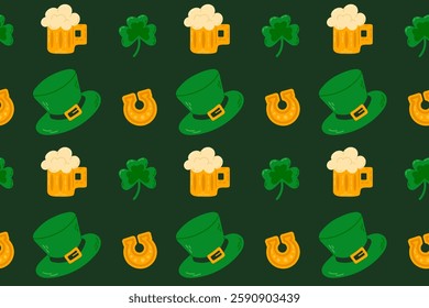 Pattern of beer mugs, leprechaun hats, shamrocks, and golden horseshoes. Ideal for St. Patrick’s Day party decor, festive cards, and digital designs.