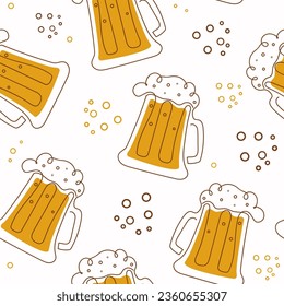  Pattern of beer products, beer in a bottle, can, mug. Hop cones. Day of beer, festival, holiday. October. Vector illustration, seamless pattern.