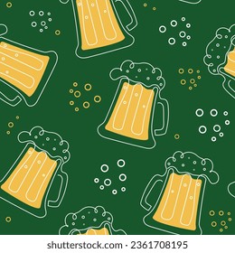  Pattern of beer products, beer in a bottle, can, mug. Hop cones. Day of beer, festival, holiday. October. Vector illustration, seamless pattern.