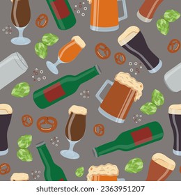  Pattern of beer products, beer in a bottle, can, mug. Hop cones. Day of beer, festival, holiday. October. Vector illustration, seamless pattern.