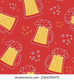  Pattern of beer products, beer in a bottle, can, mug. Hop cones. Day of beer, festival, holiday. October. Vector illustration, seamless pattern.