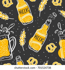 Pattern with beer and snack in sketch style. Seamless background for Pub menu.