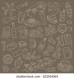 Pattern of beer and beer snacks. Vector.