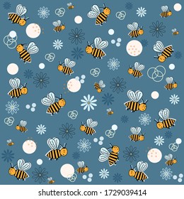 pattern with bees and flowers on dark gray, vector illustration, design, decoration