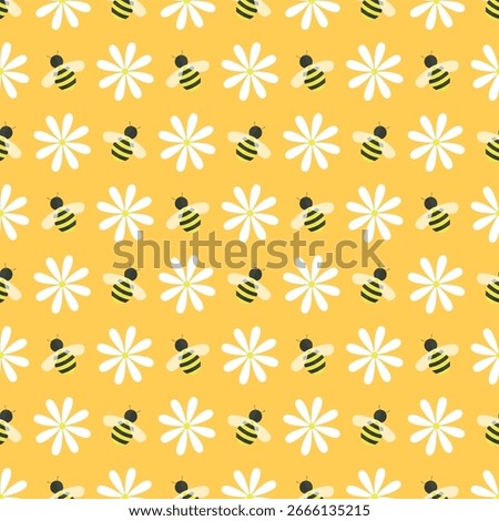 Pattern of bees and flowers on orange background. Honey background, wallpaper. Festival, holiday.
