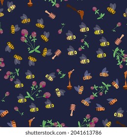 pattern with bees, honeycomb, clover flowers and honey