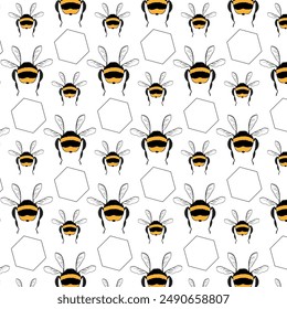 Pattern with bees and honeycombs on a white background. Doodle or sketch style. Vector. Hand drawing 