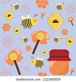 Pattern with bees, honeycombs and others