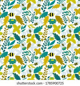 Pattern with bees, leaves and flowers. Seamless background in green and yellow colors. Vector illustration for wrapping paper, textiles, clothing, baby supplies.