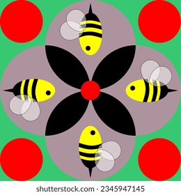 pattern of bees on black purple and red flowers with green background.