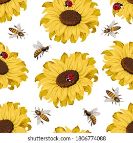 Pattern with bees and sunflowers.Bees and yellow sunflowers in a color pattern.