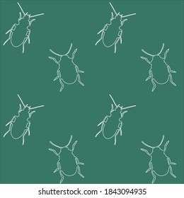 A pattern with beetle outlines on a green background. Vector image in eps format.