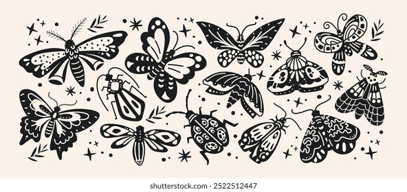 Pattern beetles and butterflies in cartoon style. Abstract patterns and ornaments on wings, insects flies, bees, caterpillars, bugs in abstract style. Bright funky shapes.