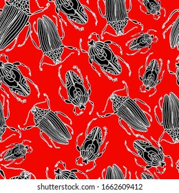 Pattern with beetles by hand by liner, on a red background. Cockerel, stag beetle, elephant beetle. Beetles, insects with wings, entomology. Forest beautiful insects with small details. For textiles