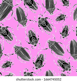Pattern with beetles by hand by liner, on a blue background. Cockerel, stag beetle, elephant beetle. Beetles, insects with wings, entomology. Forest beautiful insects with small details. For textiles