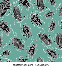 Pattern with beetles by hand by liner, on a blue background. Cockerel, stag beetle, elephant beetle. Beetles, insects with wings, entomology. Forest beautiful insects with small details. For textiles