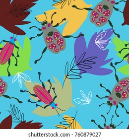 Pattern with beetles and leaves on blue paper.