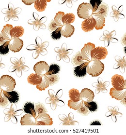 Pattern in beige and brown colors with tropic summertime motif may be used as texture, wrapping paper, textile design. Vector seamless pattern of tropical hibiscus flowers, dense jungle. Hand painted.