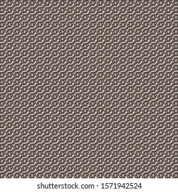 Pattern in beige and brown tones, composed of oval shapes linked in chain on diagonal. Decorative background with dots and wavy oblique stripes. Wallpaper texture. 