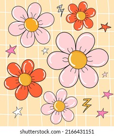 The pattern is beige with daisies. Striped background. Vector stock illustration. Hippie. Style 60. Psychedelic.