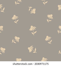 Pattern with beige echinacea silhouette on a dark gray background. Vintage-looking pattern