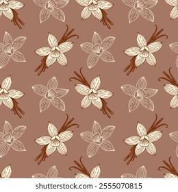 Pattern with beige flowers and vanilla sticks on mocha mousse background.