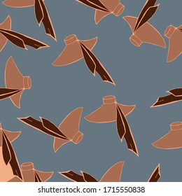 Pattern of beige hats on a blue background. For advertising, banners, posters, fabrics.