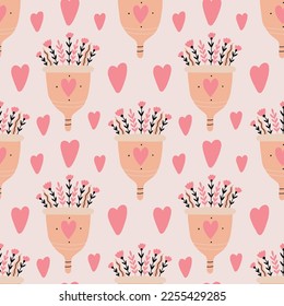 Pattern beige menstrual cup with flower. Feminine intimate hygiene cartoon products. Hand drawn vector kawaii illustration