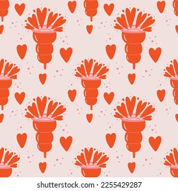 Pattern beige menstrual cup with hearts. Feminine intimate hygiene cartoon products. Hand drawn vector kawaii illustration