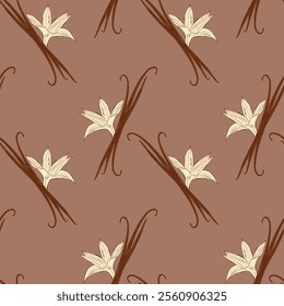 Pattern with beige vanilla flowers and sticks pod, on mocha mousse background. Vector illustration