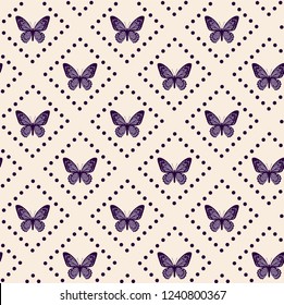 Pattern beige with violet butterflies. Suitable for curtains, wallpaper, fabrics, wrapping paper.