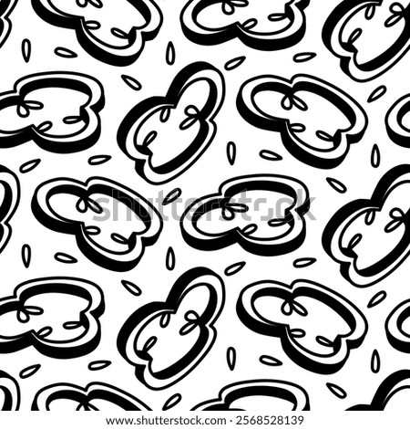 pattern of bell peppers sliced in circles in contour and silhouette with seeds. Paprika. Culinary seasonings and spices, texture. Seamless. black outline on a white. Seasonings, spices, food additives