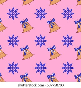 Pattern with a bell and snowflake. Happy New Year and Merry Christmas. 