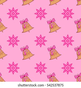 Pattern with a bell and snowflake. Happy New Year and Merry Christmas. 