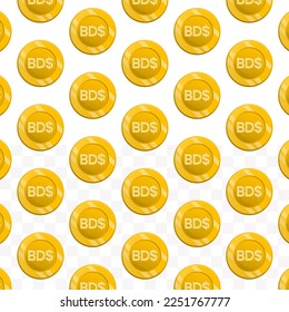 Pattern of Bermuda Dollar currency on transparent background with mini doodle (icons) and gold color. Vector Illustration